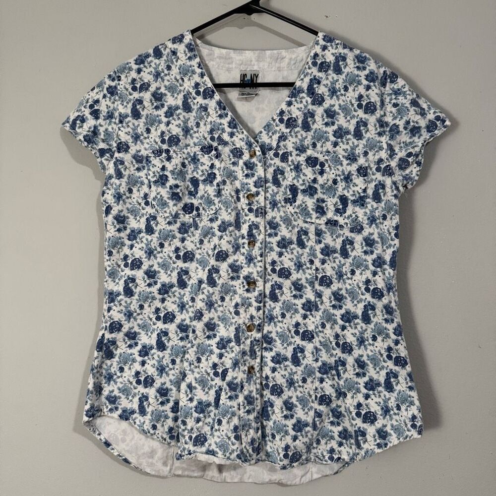 HGNY Blue Floral Rose Cotton Denim 90s Short Sleeve Button Down M